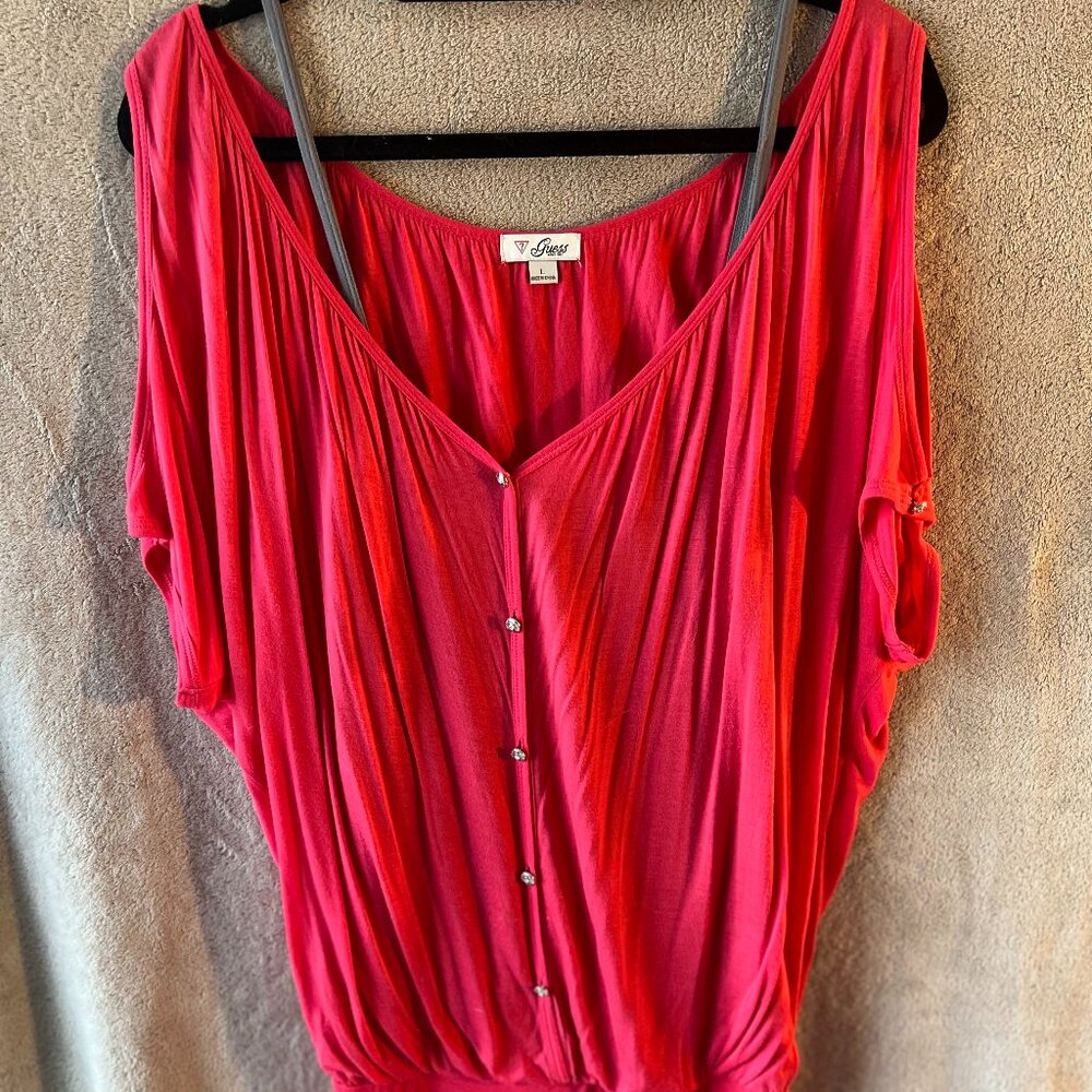 Guess Dropped Waist Mini Dress/Tunic  - Size L - Red with Gray Tank Top Under